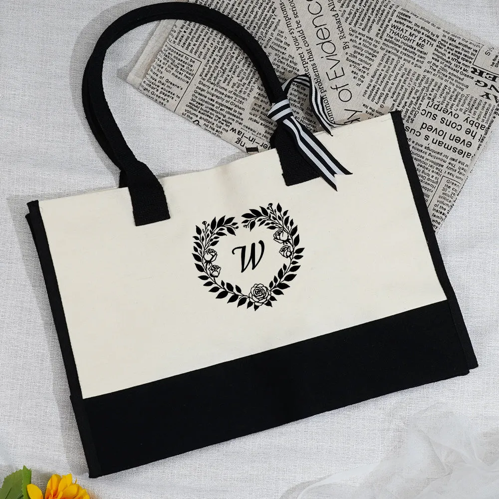 Personalized Wreath Initial Canvas Tote Bag Large Capacity Tote Bag Gift for Women