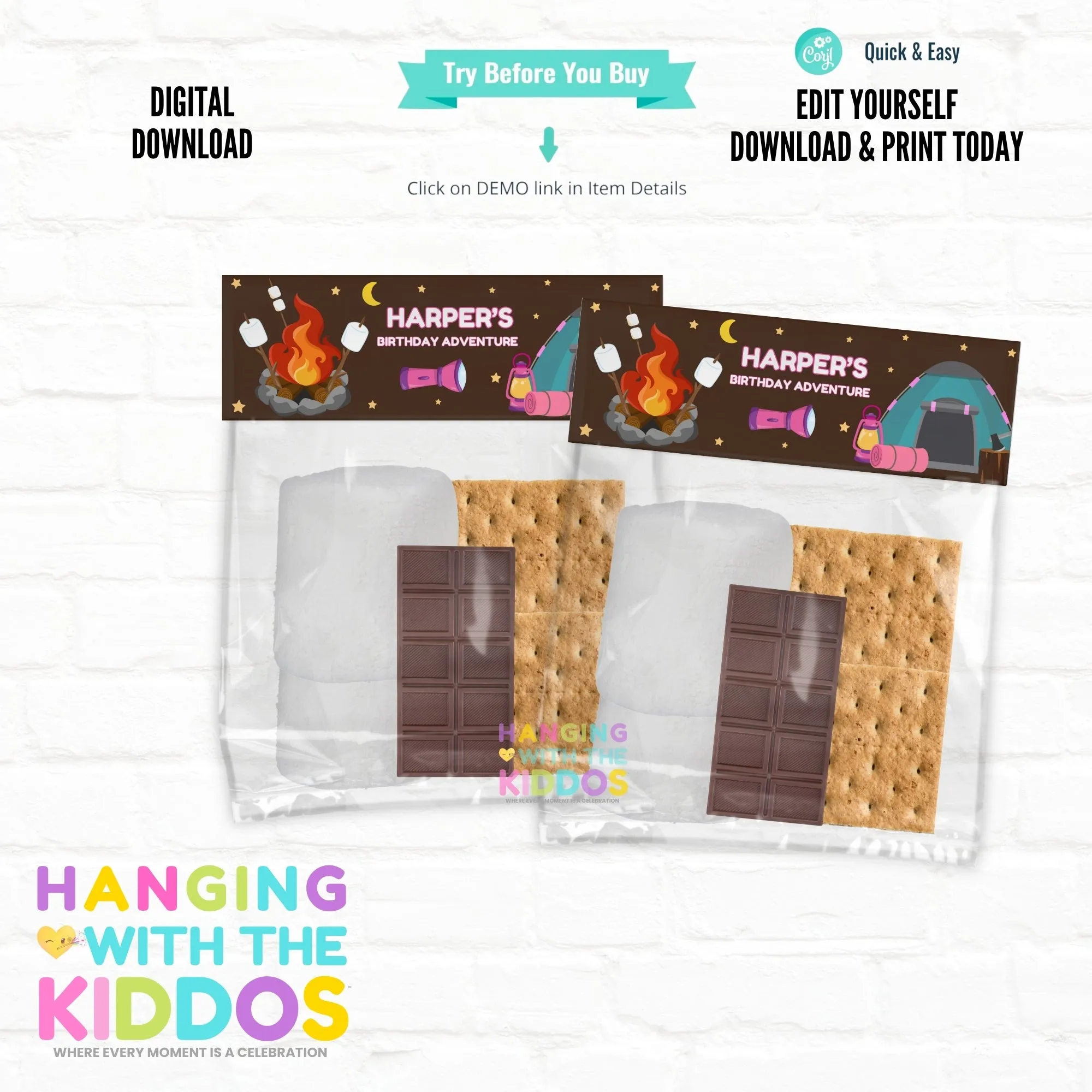 Pink Campfire S'mores Treat Bag Toppers – Birthday Adventure