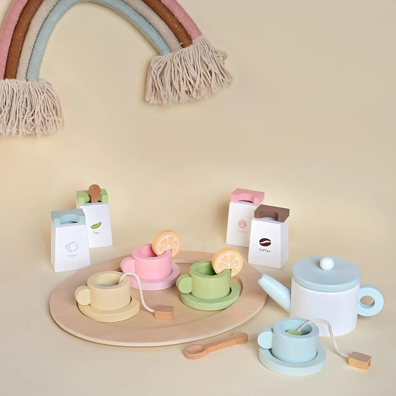 Playbox Wooden Tea Set for Kids, Pretend Play Tea Party Set for Toddlers 20pcs.