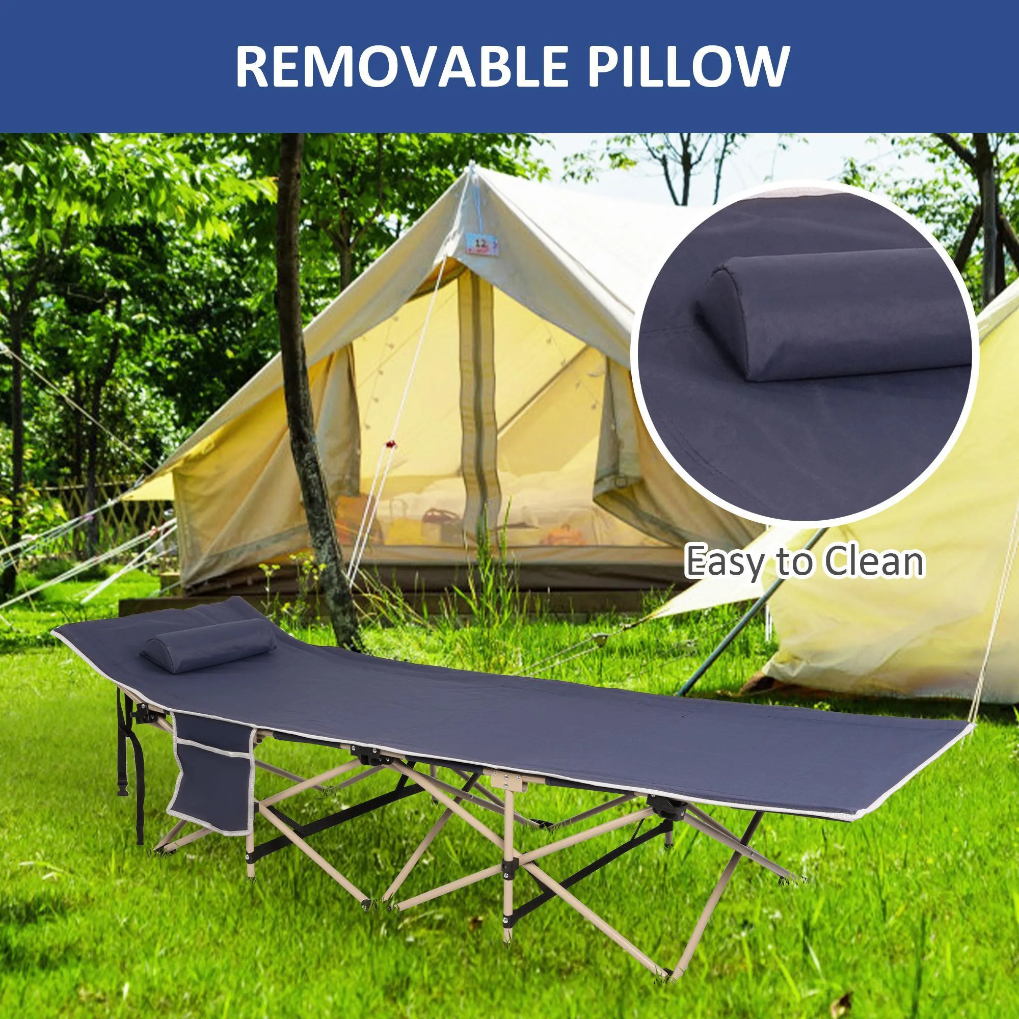 Portable Folding Camping Cots Beds with Pillow Side Pocket Carry Bag for Outdoor Camping Hiking