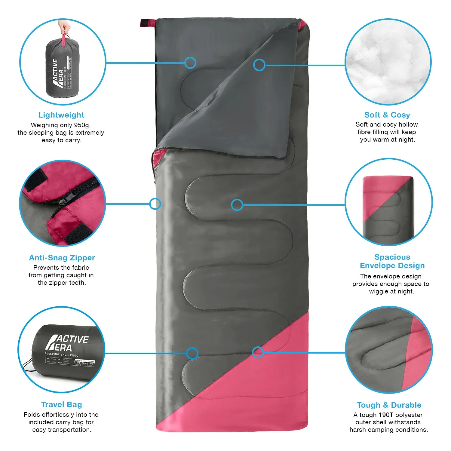 Premium Warm Lightweight Envelope Sleeping Bag (200 GSM) - 2 Seasons - Pink