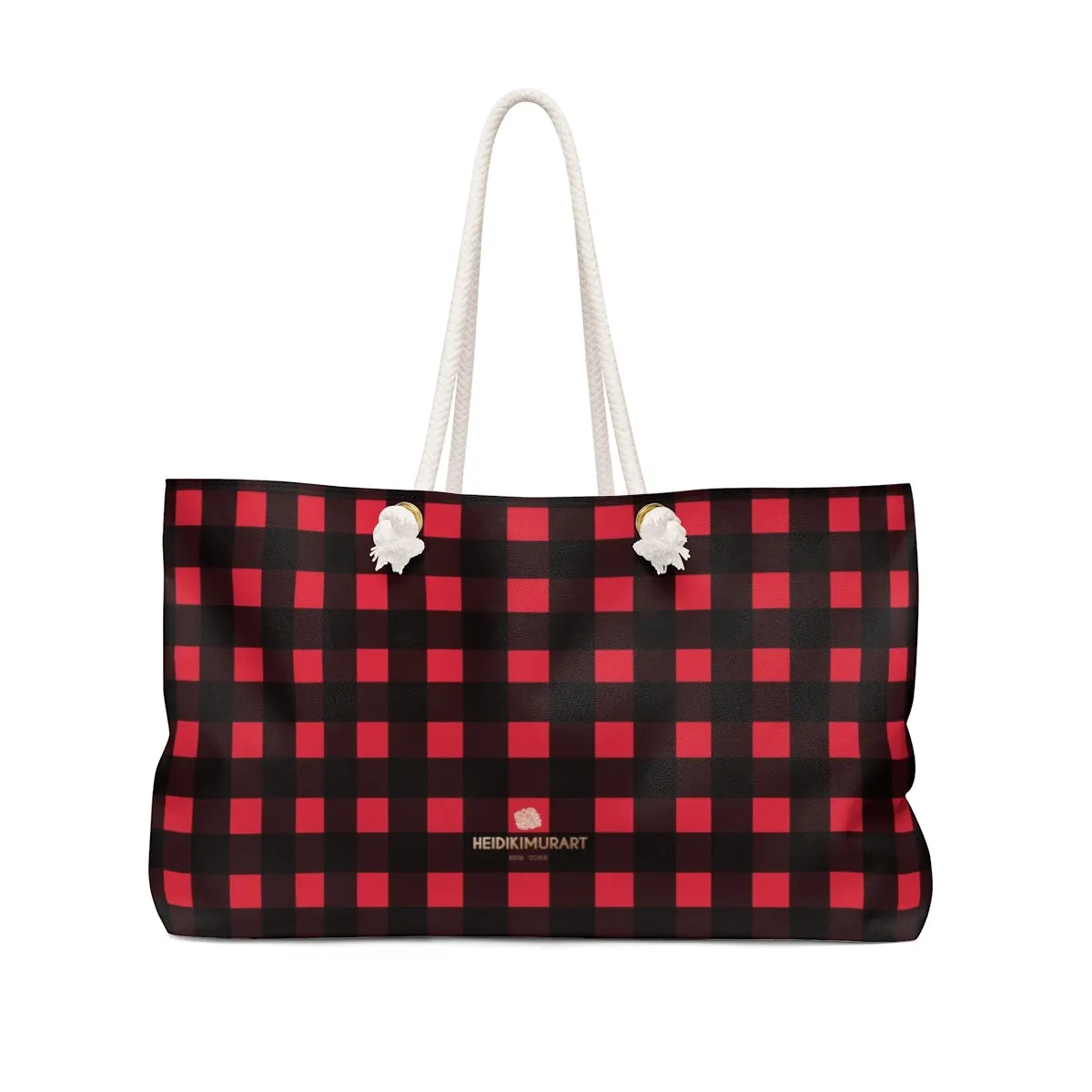 Red Black Plaid Weekender Bag, Buffalo Plaid Print Oversized Designer 24"x13" Large Weekender Bag