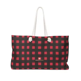 Red Black Plaid Weekender Bag, Buffalo Plaid Print Oversized Designer 24"x13" Large Weekender Bag