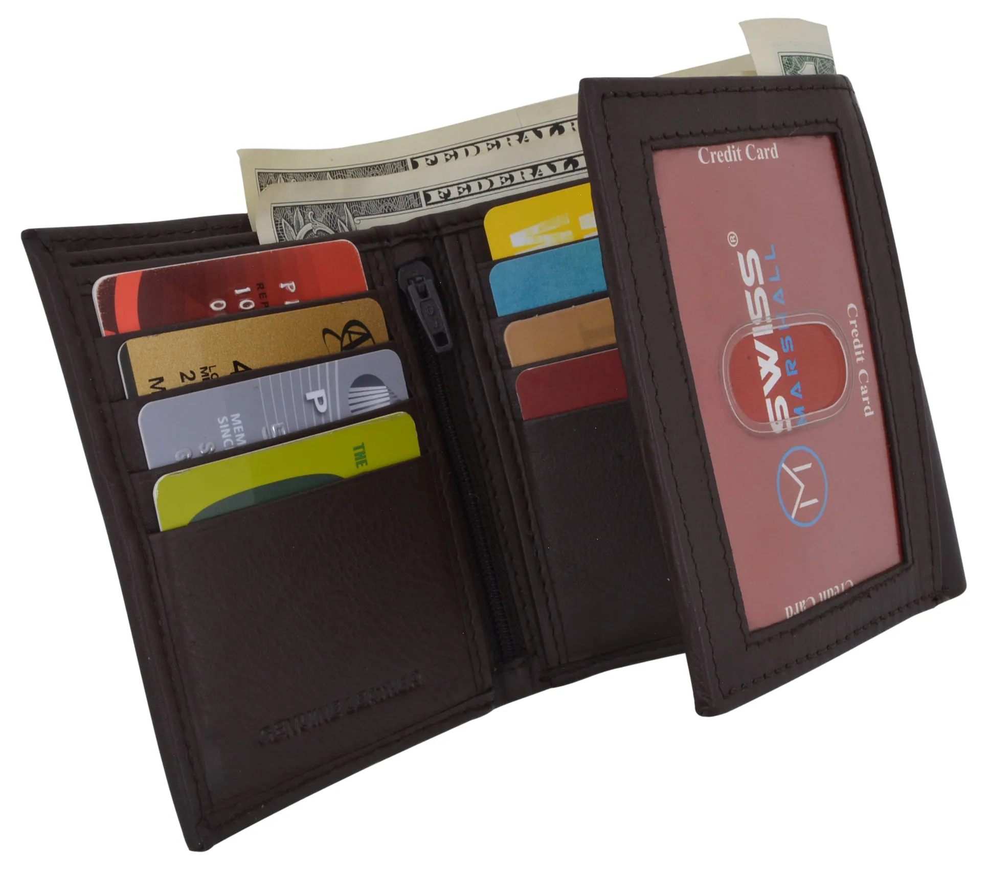 RFID Trifold Premium Leather Mens Card Holder Wallet W/ Outside ID Window