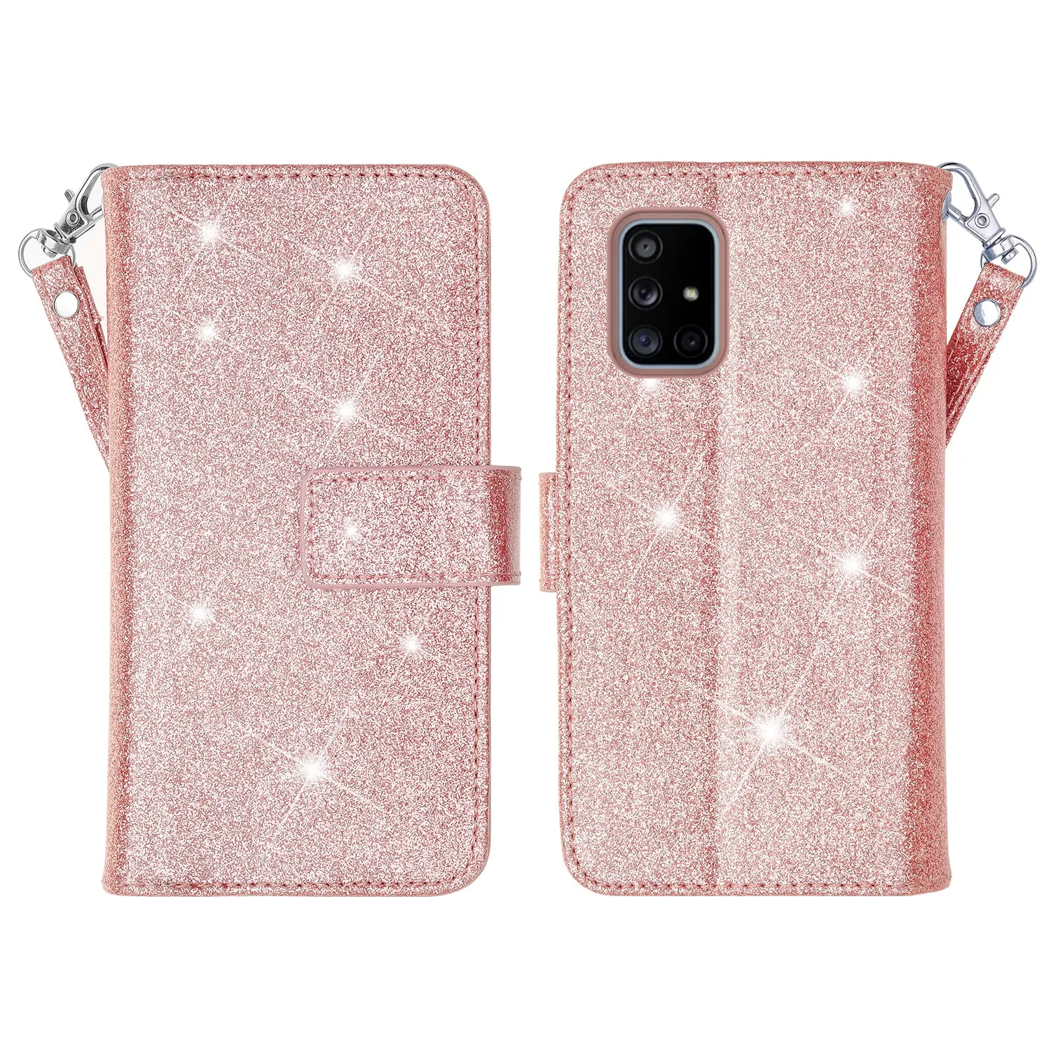 Samsung Galaxy A71 5G Case, Galaxy A71 5G Case, Glitter Faux Leather Flip Credit Card Holder Wrist Strap Shockproof Protective Wallet Case Clutch for Galaxy A71 5G - Rose Gold