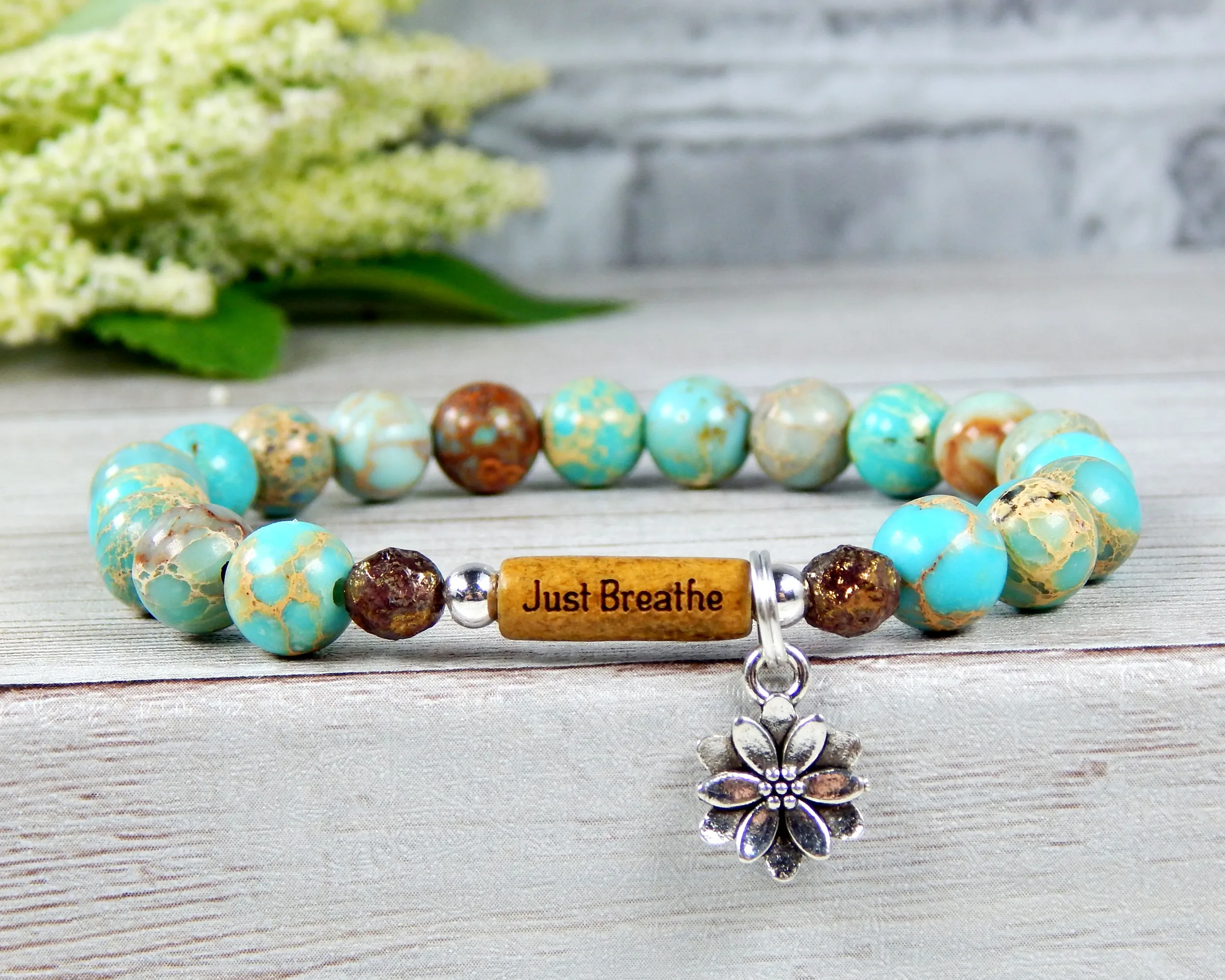 Sky Blue Beaded Bracelet - Lotus Flower Charm and Word Bead Message Jewelry