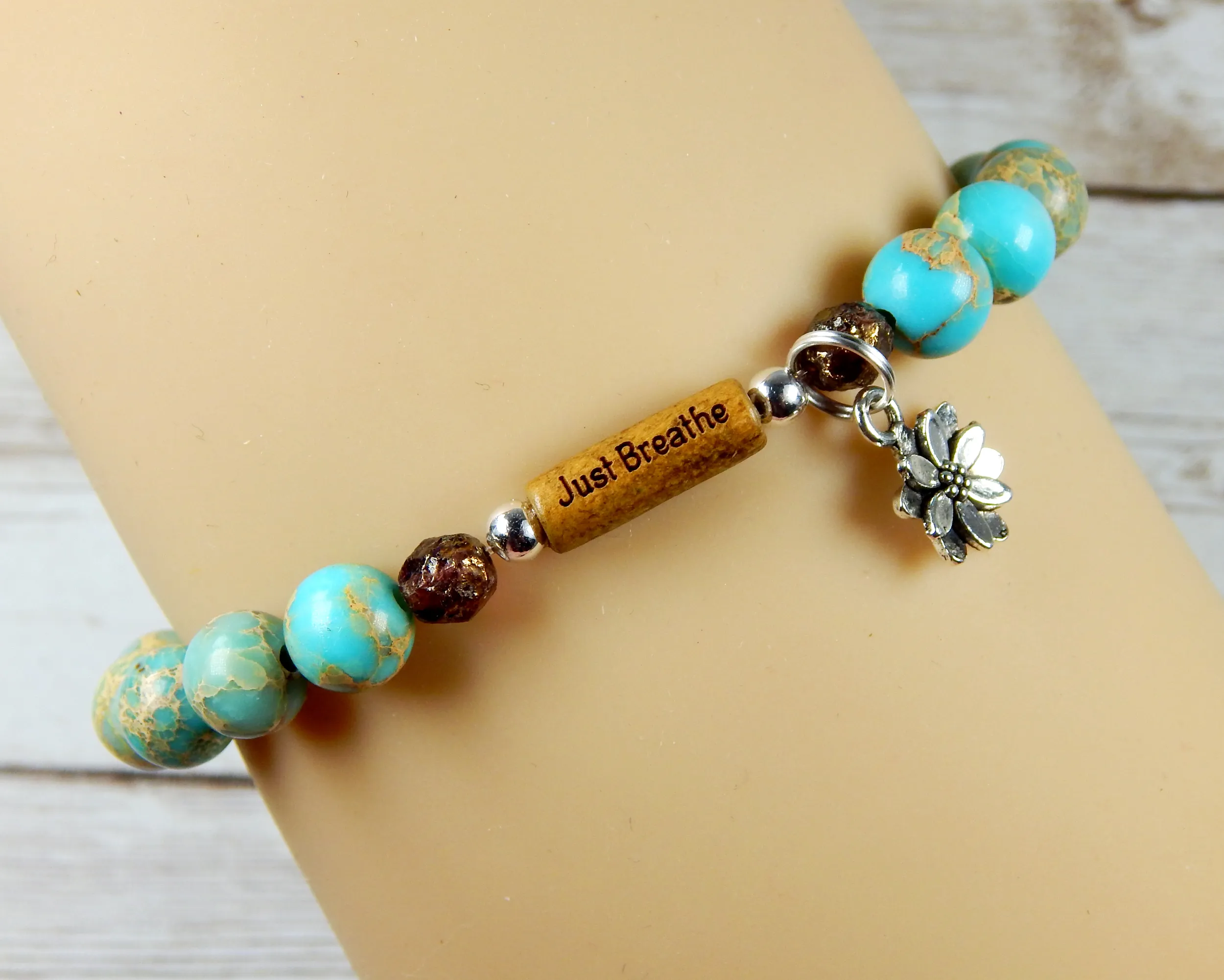 Sky Blue Beaded Bracelet - Lotus Flower Charm and Word Bead Message Jewelry