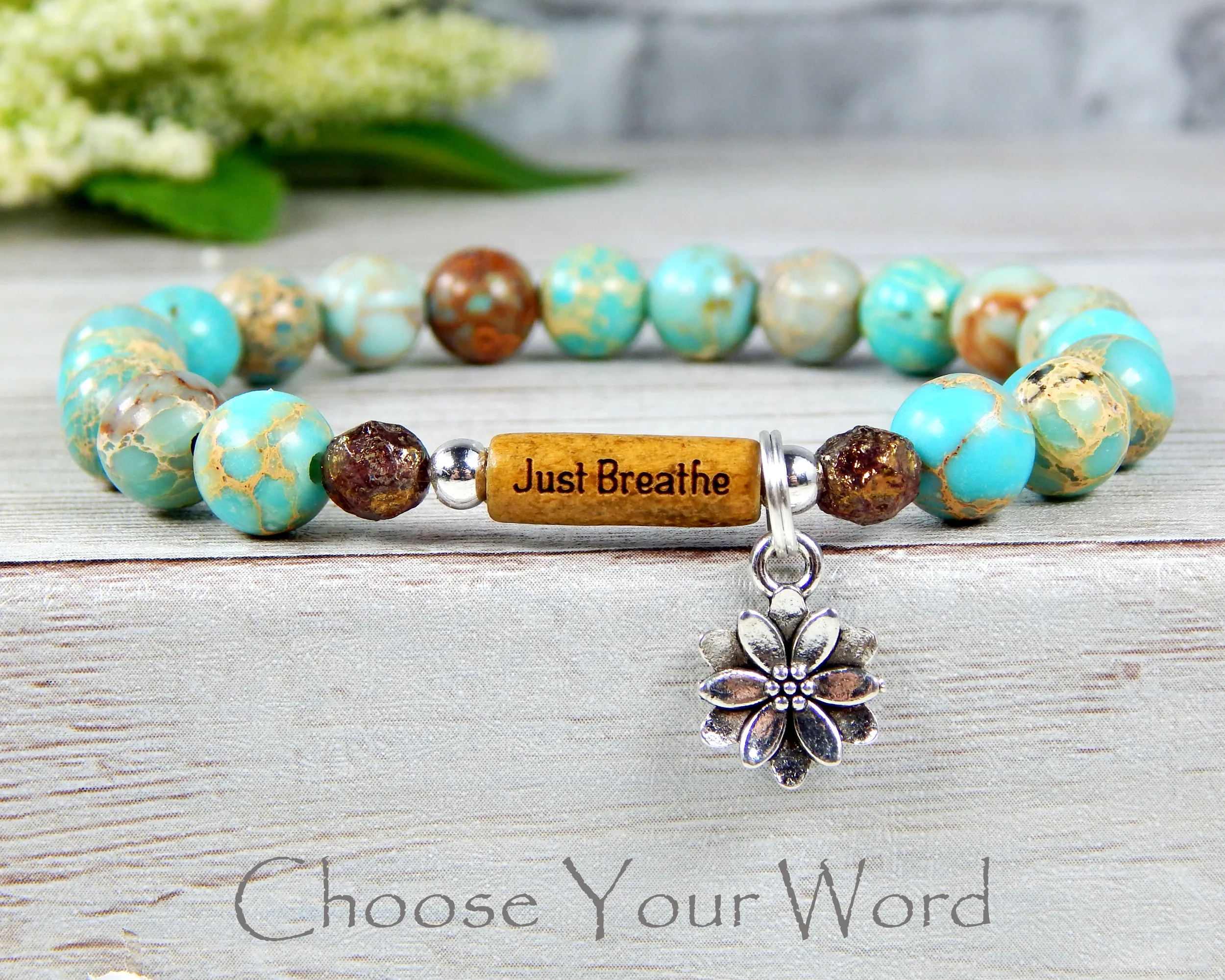 Sky Blue Beaded Bracelet - Lotus Flower Charm and Word Bead Message Jewelry