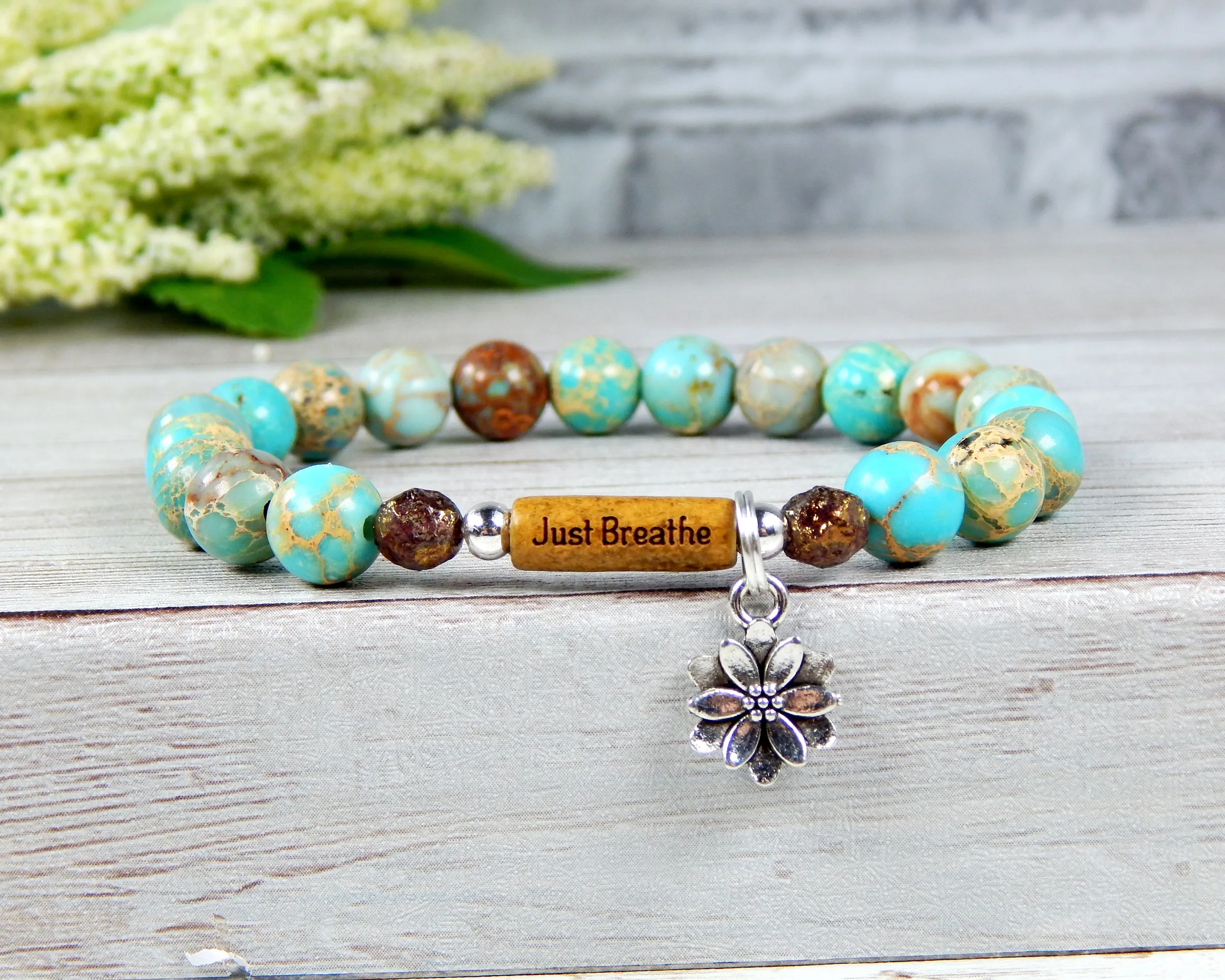 Sky Blue Beaded Bracelet - Lotus Flower Charm and Word Bead Message Jewelry