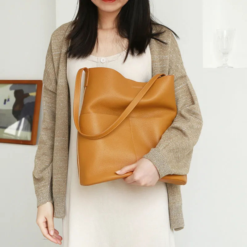 Soft Full Grain Leather Tote Bag For Ladies Genuine OAK Cowhide Simple Shoulder Bag Large Leather Handbag For Shopping