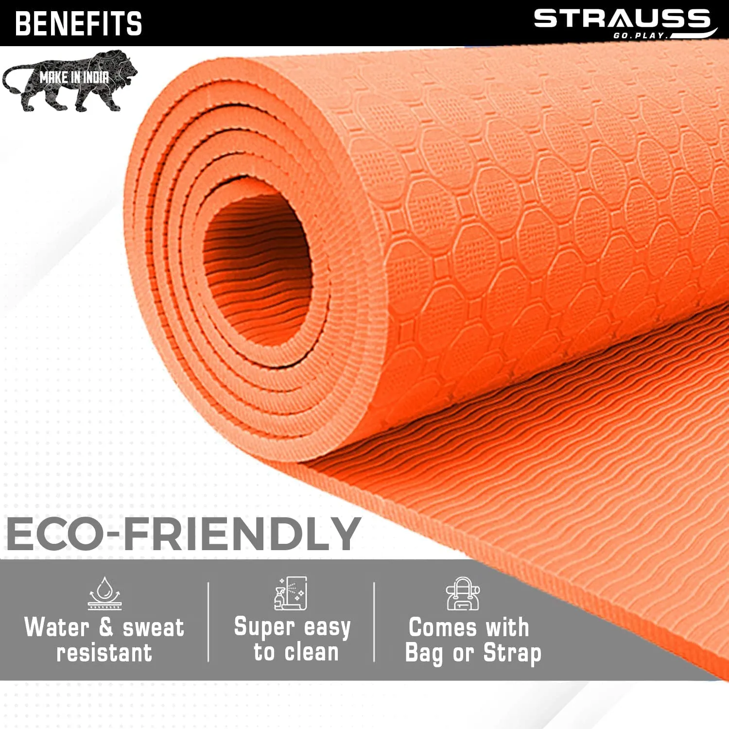 Strauss Anti Skid TPE Yoga Mat with Carry Bag, 4mm, (Orange)