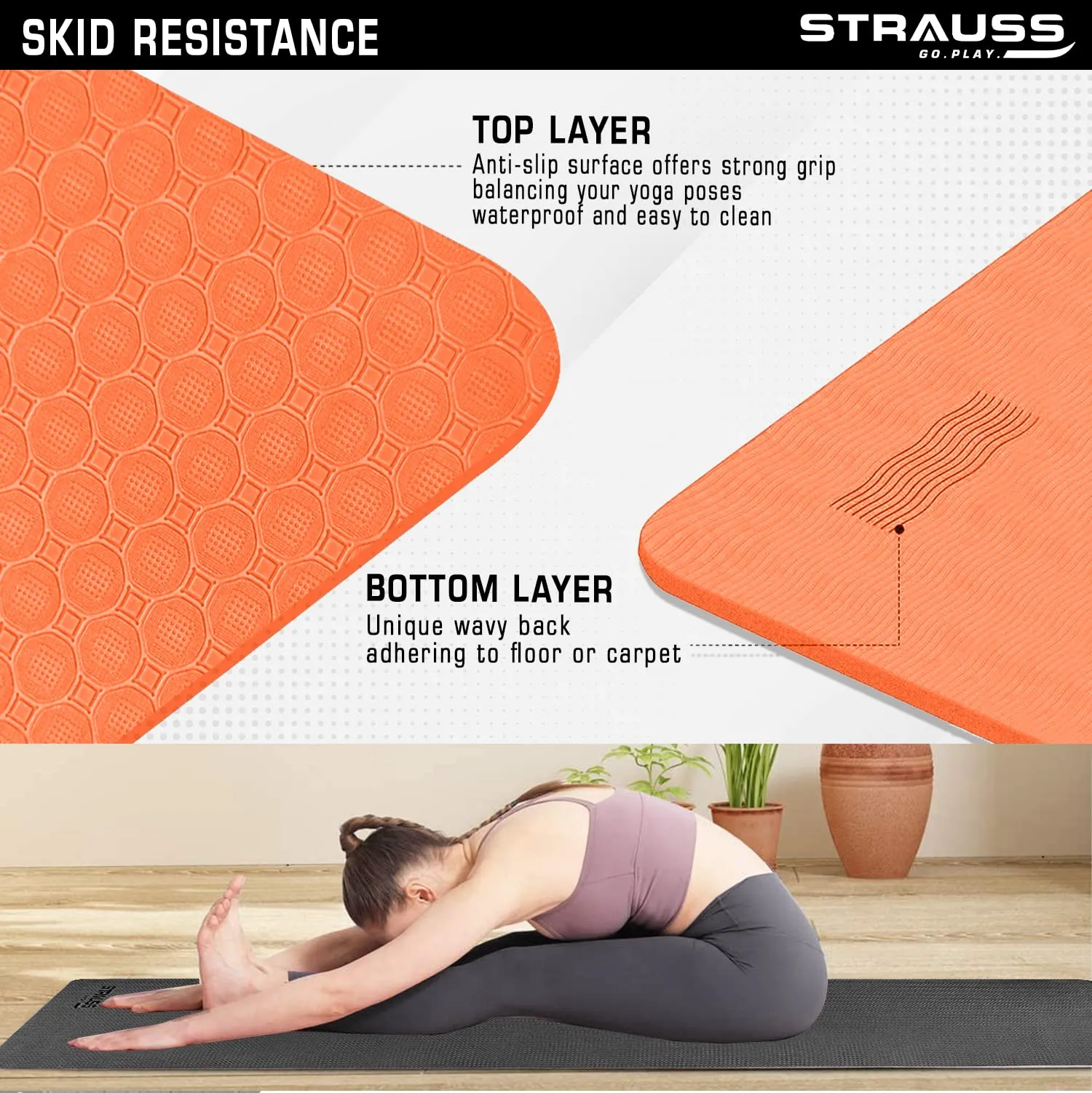 Strauss Anti Skid TPE Yoga Mat with Carry Bag, 4mm, (Orange)