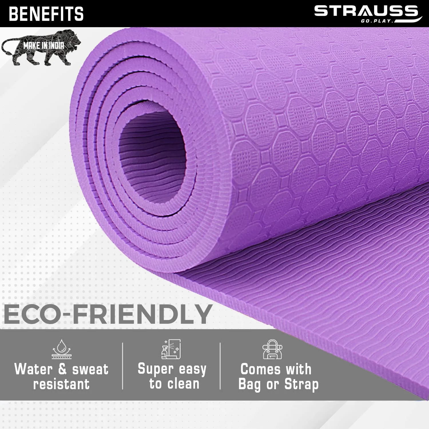 STRAUSS TPE Dual Layer Yoga Mat| Exercise Mat for Yoga,Pilates & Gym| Lightweight & Eco-Friendly Material | Yoga Mat for Women and Men |Ideal for Home Gym Workout |Includes Carry Bag | 4MM,(Purple)