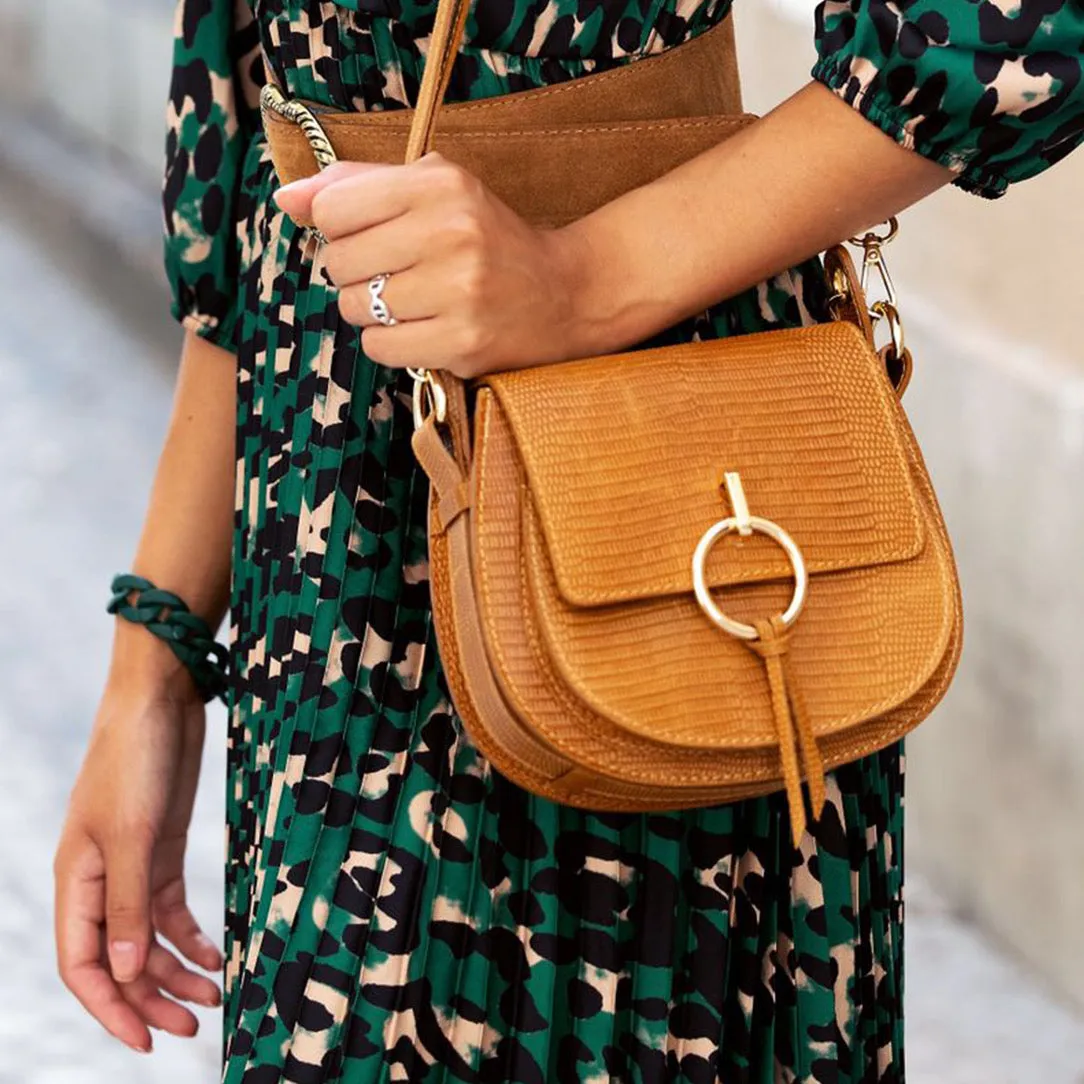 Tan saddle bag with buckle