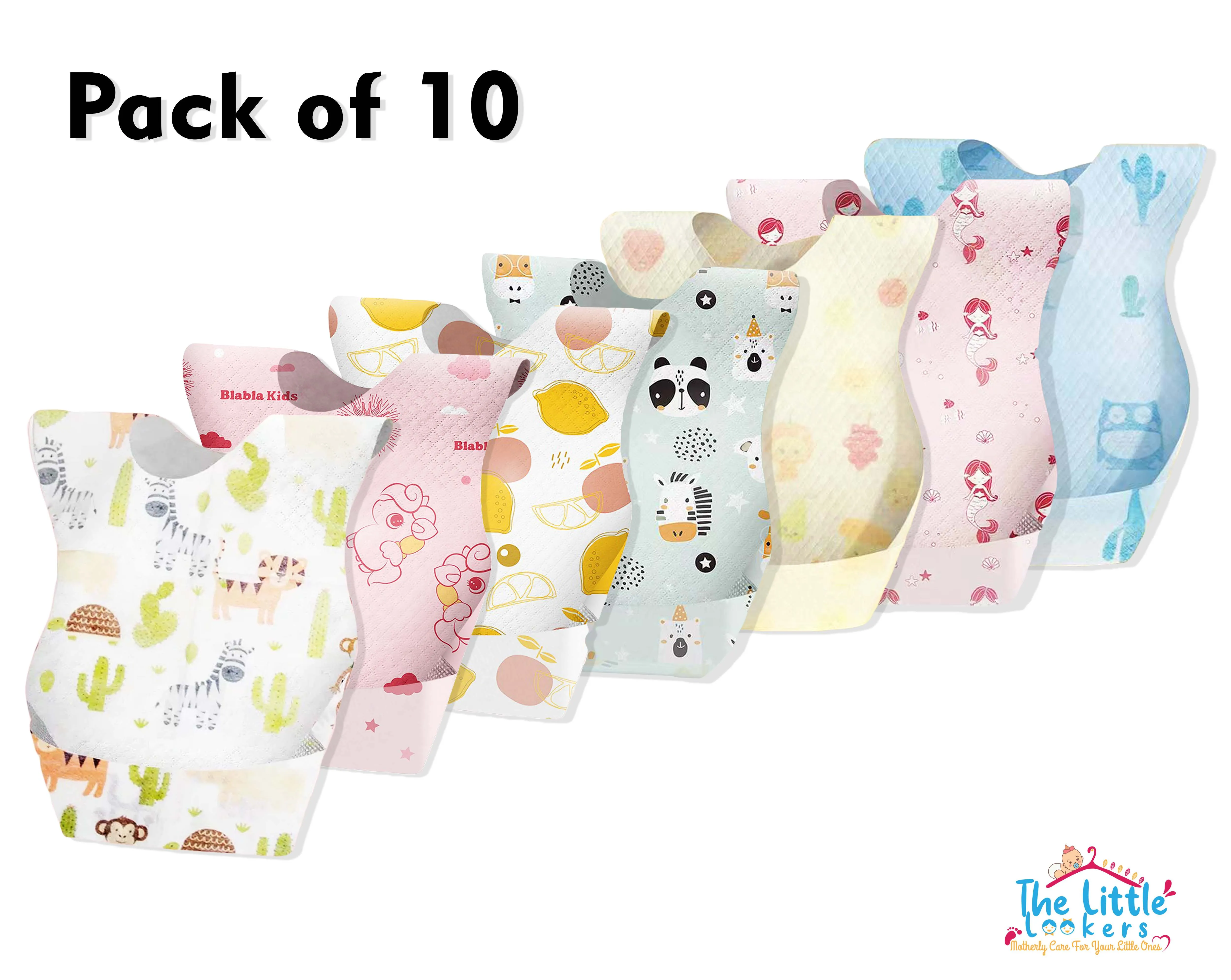 THE LITTLE LOOKERS Disposable/Use & Throw Baby Bibs/Apron for Feeding/Burp/Drool | Stick on Tape Closure| Travel & Eco-Friendly Baby Bibs for Newborns/Infants/Toddlers (Multi -Pack of 10)