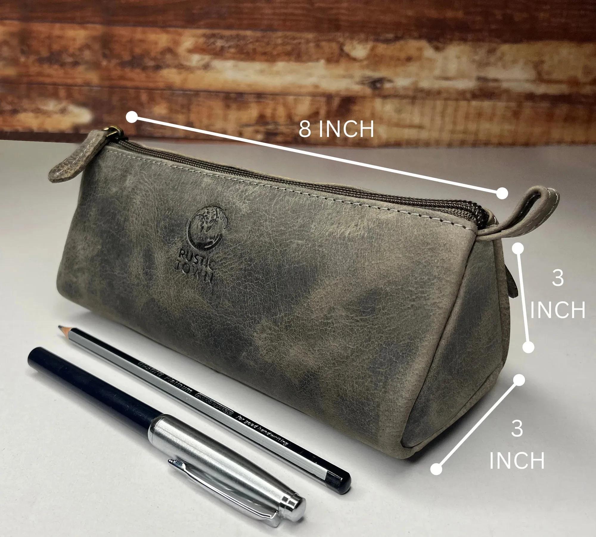 Tom Leather Pencil Case Zipper Pen Pouch - Handcrafted Vintage Stationery Bag for Artists & Students (Grey)