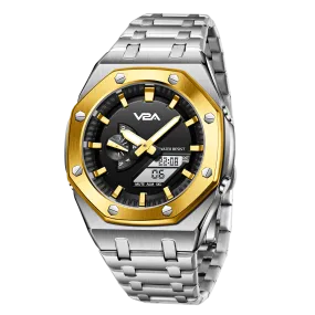 V2A Allure Octagonal Screw Case Analogue-Digital Watch for Men, Stainless Steel Band, 30M Water Resistant, 5 Alarms, World Time, Countdown, Stopwatch Men Watch | Birthday Gift for Men