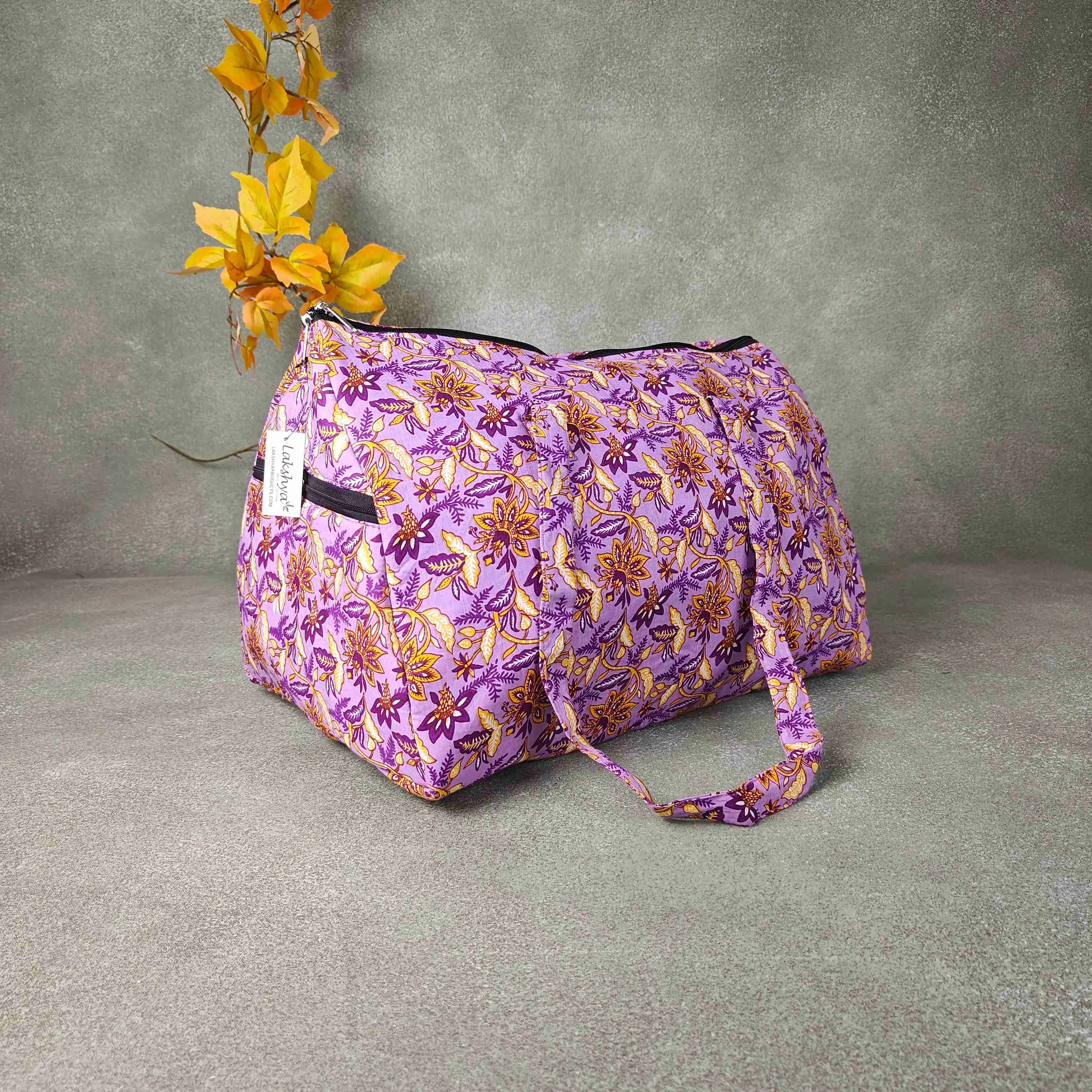 Weekender Travel Bag Purple Colour with Yellow and Purple Design.