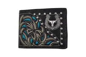 Western Long Horn Horseshoe Design Ostrich Print Bifold Cowboy Wallet W053-6-OSTRICH-BK (C)