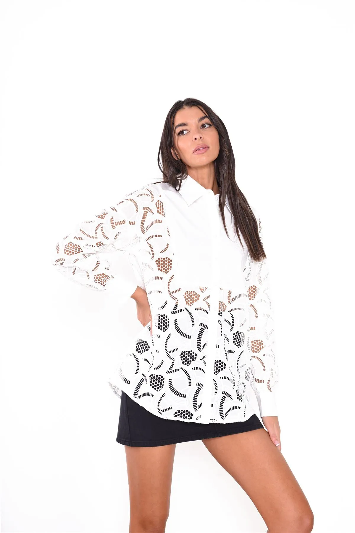 White Long Line Button Detailed Long Sleeve Shirt