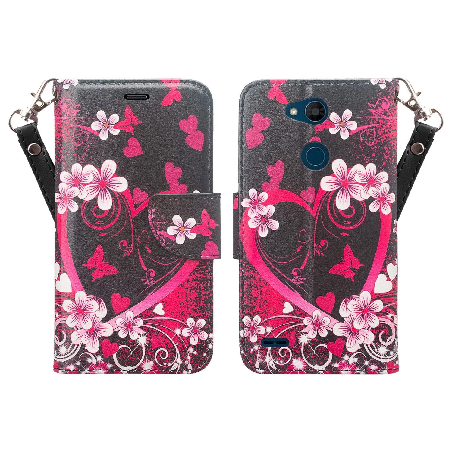 X Power 3 Case, LG X Power 3, Wrist Strap Leather Wallet Case [Kickstand] with Credit Card Slots - Heart Butterflies