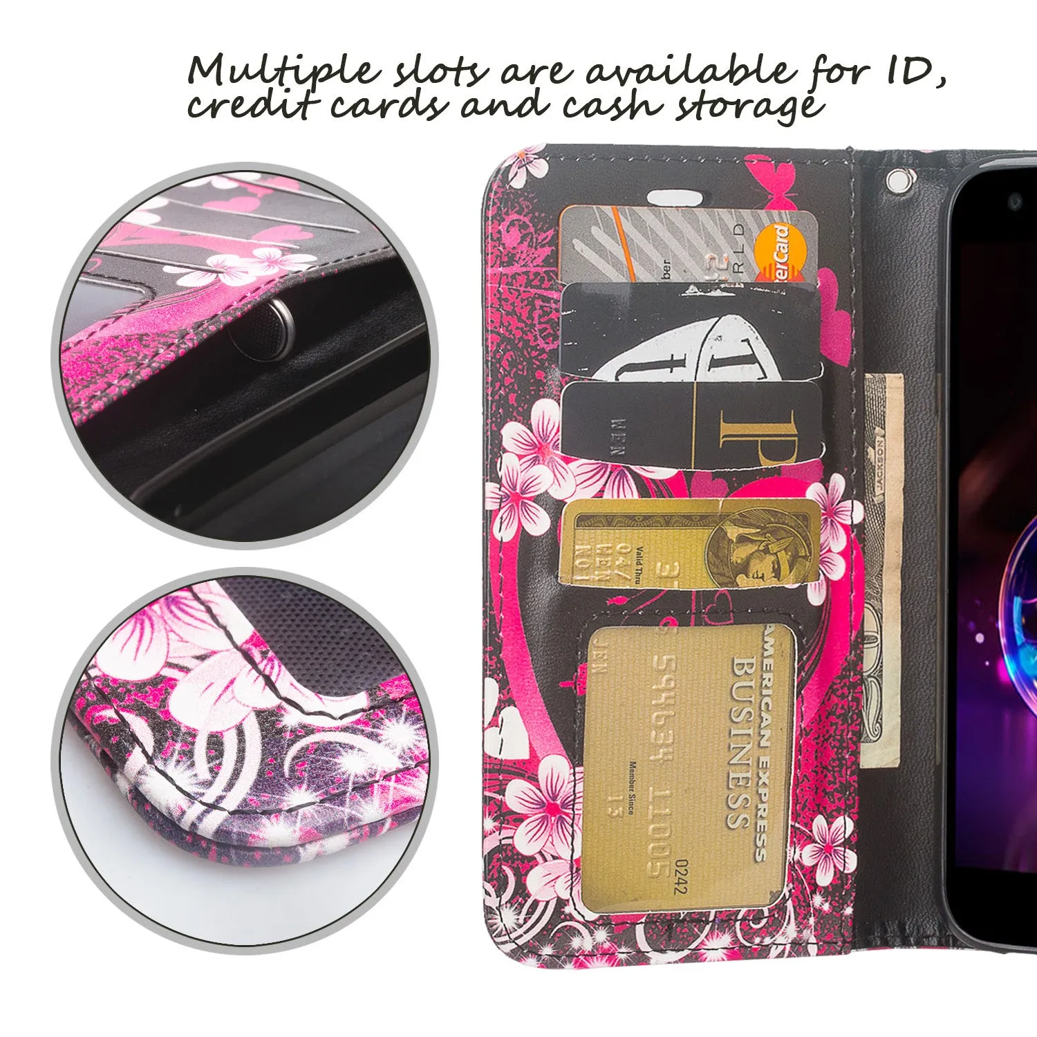 X Power 3 Case, LG X Power 3, Wrist Strap Leather Wallet Case [Kickstand] with Credit Card Slots - Heart Butterflies