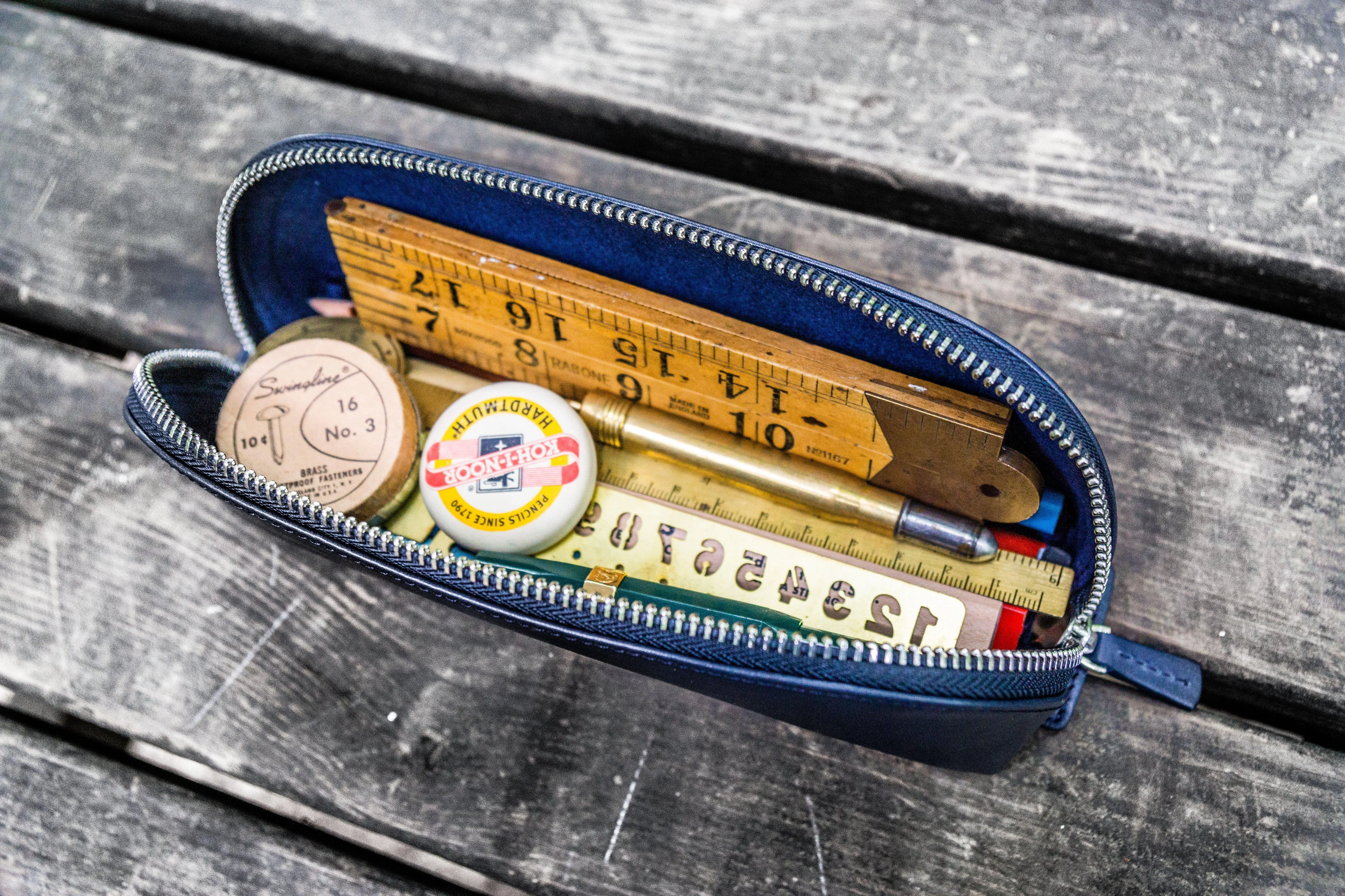 XLarge Zipper Leather Pencil Case - Navy Blue