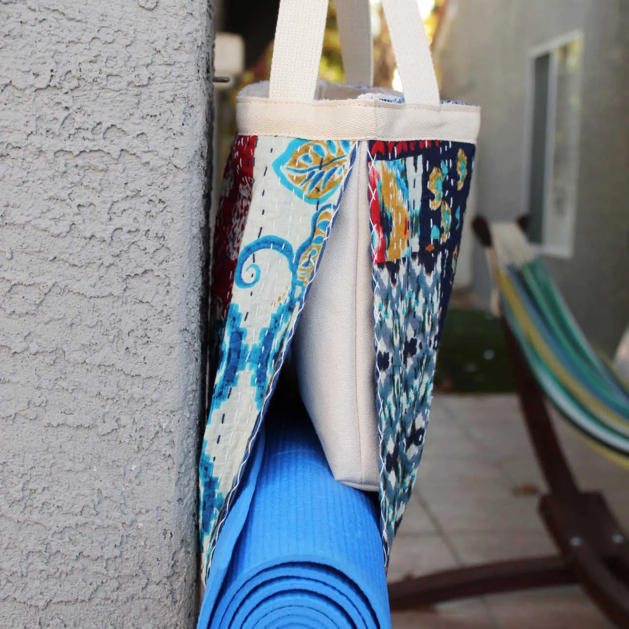 Yoga Mat Holder - Kantha Quilt Design - Blue Patchwork