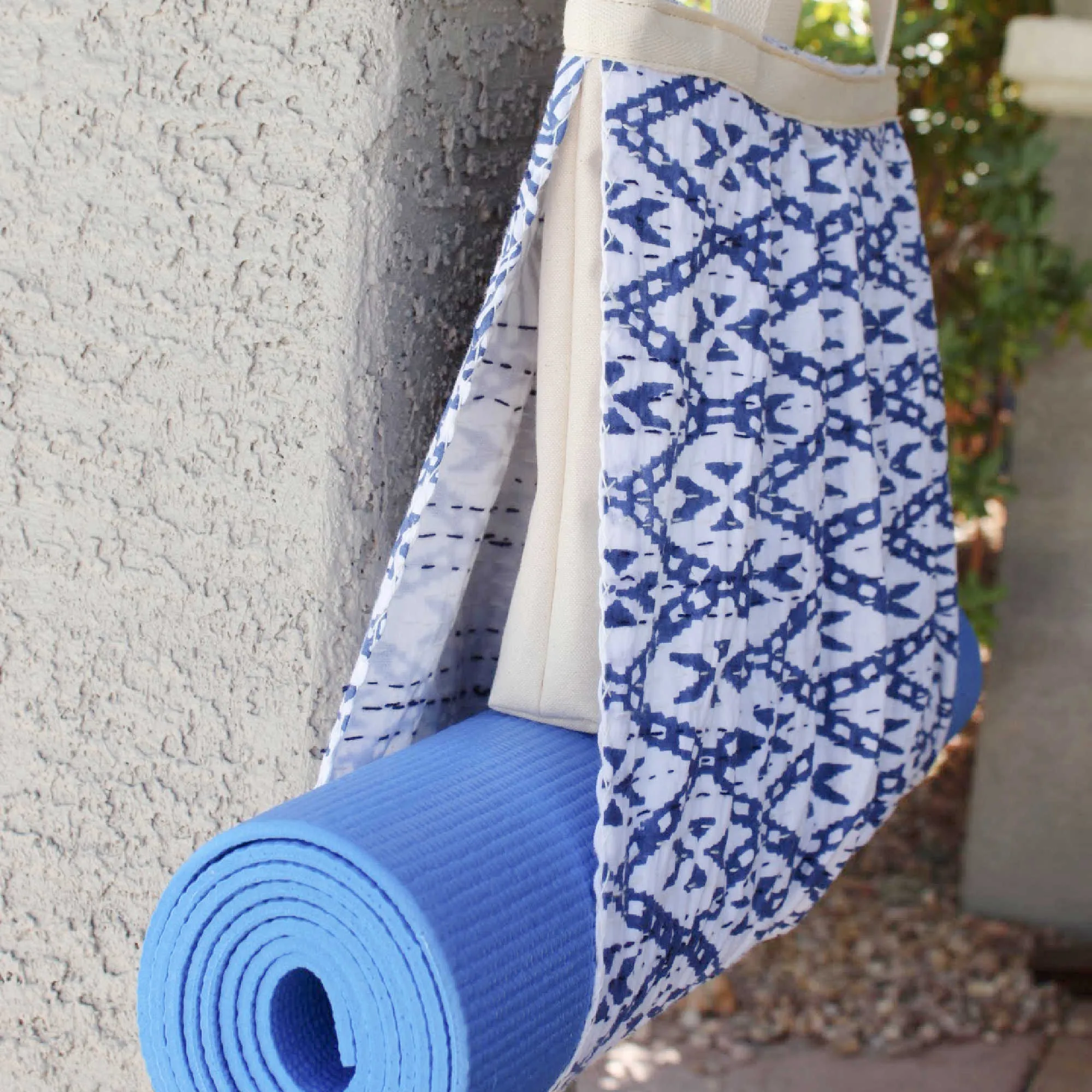 Yoga Mat Holder | White & Blue Geometric | Yoga Mat Carrier Bag Purse